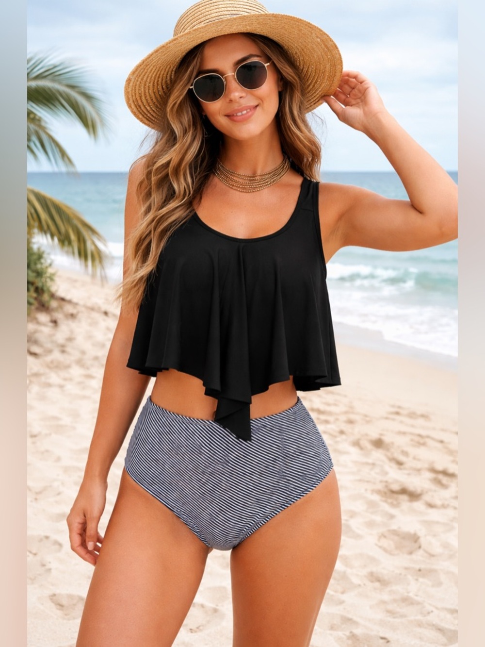 Women's Chic Black & White Striped High Waist Tankini Set L